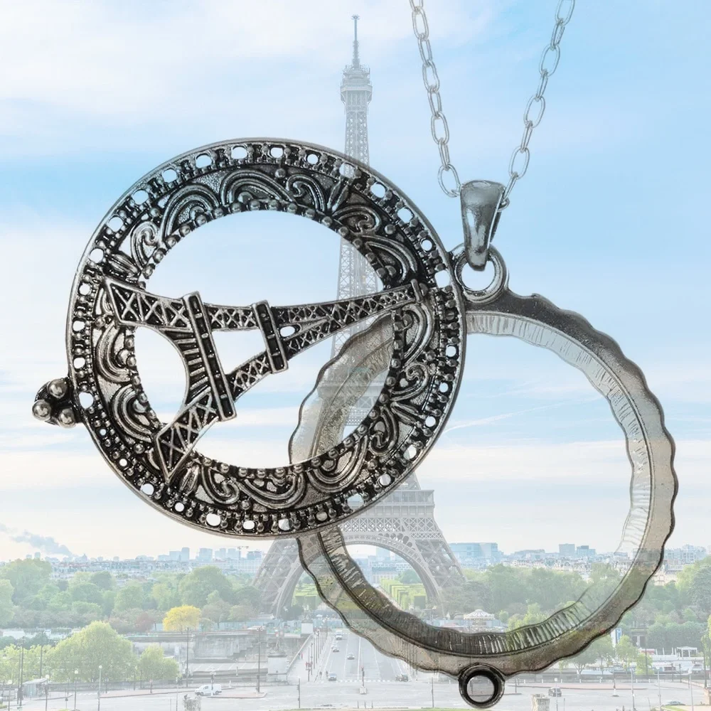Silver Eiffel Tower Paris 4x Magnifying Glass Sliding Top Pendant Necklace NEW